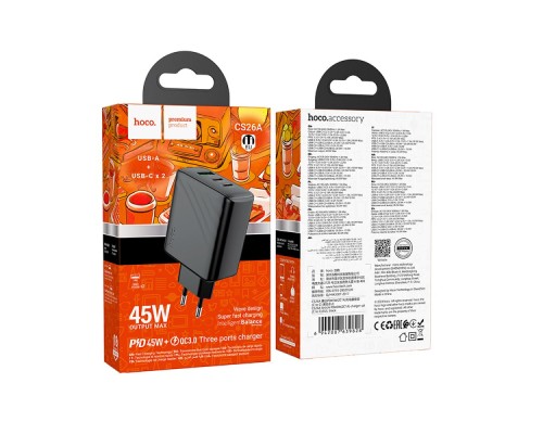 Мережевий Зарядний Пристрій Hoco CS26A 2USB-C/1USB PD/QC 45W
