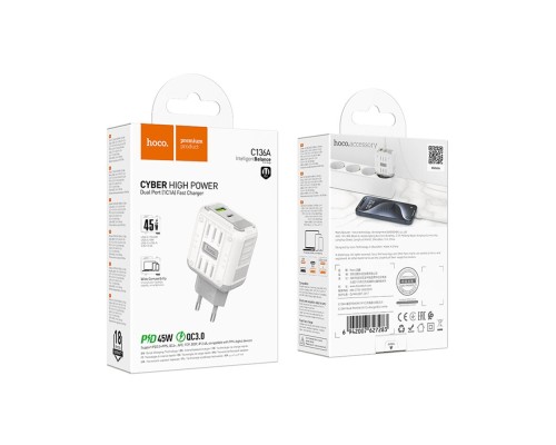 Мережевий Зарядний Пристрій Hoco C136A 1USB-C/1USB PD/QC 45W