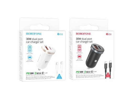 Автомобільний Зарядний Пристрій Borofone BZ22 1USB/1USB-C QC/PD30W+Type-C to Type-C М'ята упаковка 