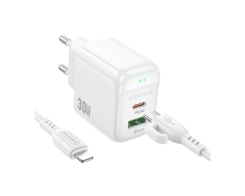Мережевий Зарядний Пристрій Borofone BAS45A 1USB-C/1USB PD/QC 30W+Type-C to Lightning