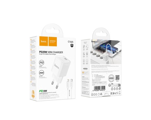 Мережевий Зарядний Пристрій Hoco C146A 1USB-C PD/QC 20W+Type-C to Lightning