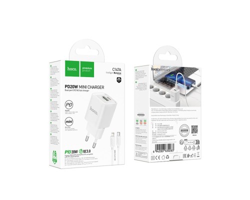 Мережевий Зарядний Пристрій Hoco C147A 1USB-C/1USB PD/QC 20W+Type-C to Lightning