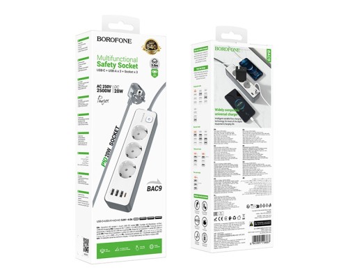 Мережевий Подовжувач Borofone BAC9 (PD20W/1C3A)(EU)(L=3M)