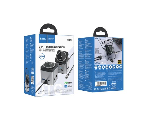 Хаб USB Hoco HB49 Type-C to HDTV+PD100W+USB3.0*3+SD+TF+RJ45(1Gbps)+Wireless 15W