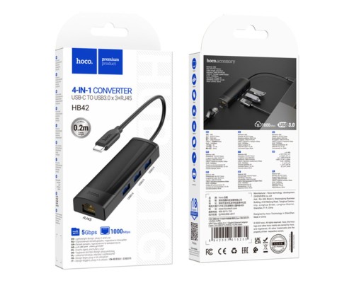 Хаб USB Hoco HB42 4-in-1 (Type-C to USB3.0*3+RJ45 1Gbps) (L=0.2M)