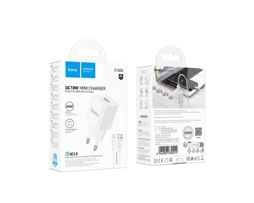 Мережевий Зарядний Пристрій Hoco C145A 1USB QC 18W+USB to Micro