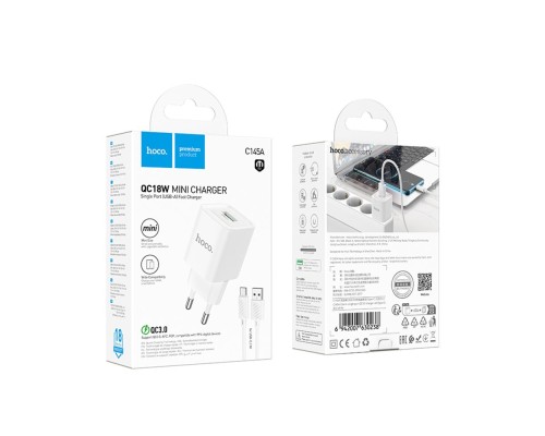 Мережевий Зарядний Пристрій Hoco C145A 1USB QC 18W+USB to Type-C