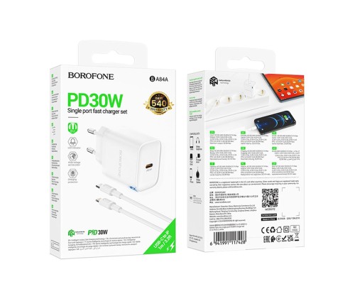 Мережевий Зарядний Пристрій Borofone BA84A 1USB-C PD/QC 30W+Type-C to Lightning