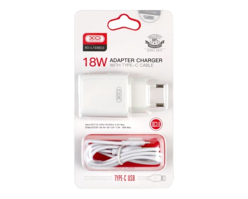 Мережевий Зарядний Пристрій XO L103 1USB QC 18W+USB to Type-C