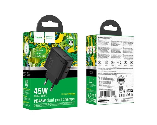 Мережевий Зарядний Пристрій Hoco CS62A 2USB-C PD/QC 45W GAN