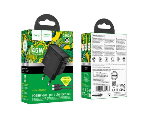 Мережевий Зарядний Пристрій Hoco CS62A 2USB-C PD/QC 45W GAN+Type-C to Type-C