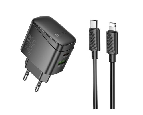 Мережевий Зарядний Пристрій Hoco CS61A 1USB/1USB-C PD/QC 30W+Type-C to Lightning