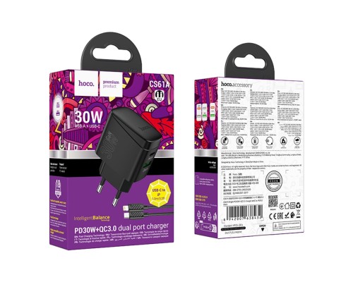 Мережевий Зарядний Пристрій Hoco CS61A 1USB/1USB-C PD/QC 30W+Type-C to Lightning
