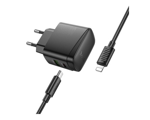Мережевий Зарядний Пристрій Hoco CS61A 1USB/1USB-C PD/QC 30W+Type-C to Lightning