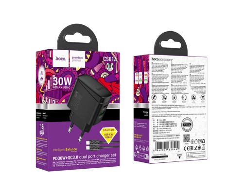 Мережевий Зарядний Пристрій Hoco CS61A 1USB/1USB-C PD/QC 30W+Type-C to Type-C