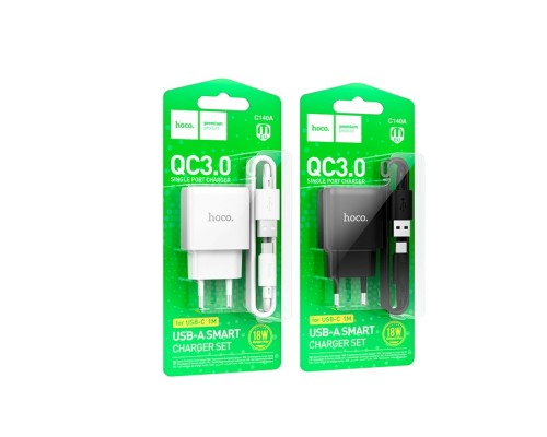 Мережевий Зарядний Пристрій Hoco C140A 1USB QC 18W+USB to Type-C