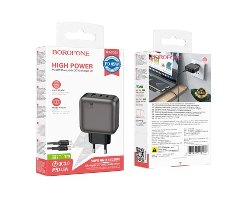 Мережевий Зарядний Пристрій Borofone BAS56A 2USB-C/1USB QC/PD 45W GAN+Type-C to Type-C