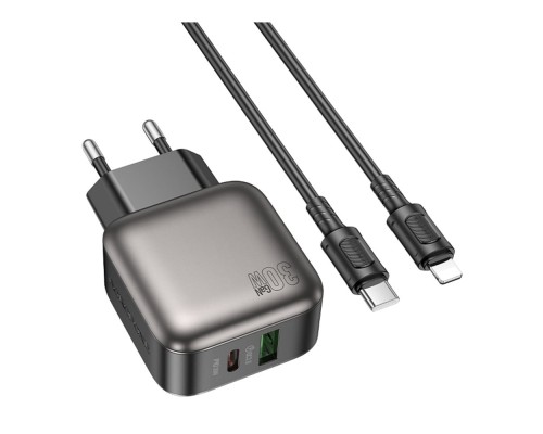 Мережевий Зарядний Пристрій Borofone BAS55A 1USB-C/1USB PD/QC 30W GAN+Type-C to Lightning