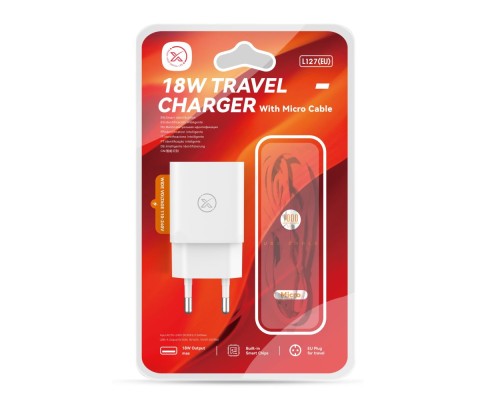 Мережевий Зарядний Пристрій XO L127 1USB QC 18W+USB to Micro New Logo