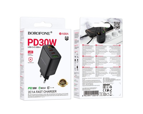 Мережевий Зарядний Пристрій Borofone BA98A 2USB-C/1USB PD/QC 30W Led Display