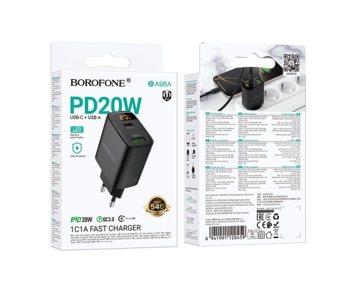 Мережевий Зарядний Пристрій Borofone BA96A 1USB-C/1USB PD/QC 20W Led Display