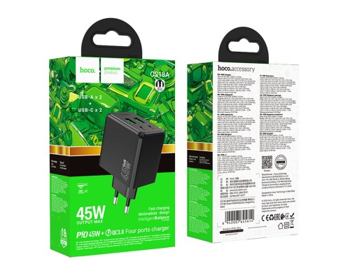 Мережевий Зарядний Пристрій Hoco CS18A 2USB-C/2USB PD/QC 45W