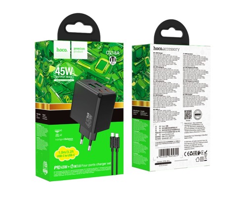 Мережевий Зарядний Пристрій Hoco CS18A 2USB-C/2USB PD/QC 45W+Type-C to Type-C