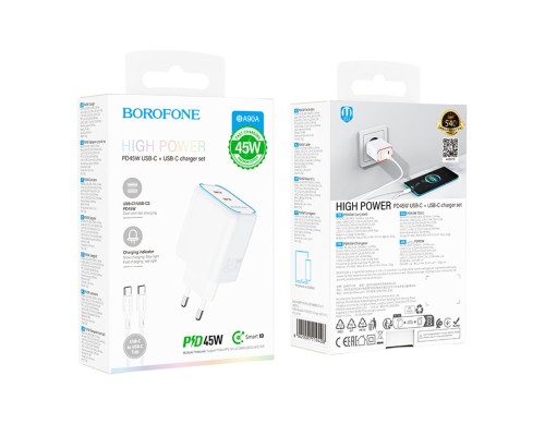Мережевий Зарядний Пристрій Borofone BA90A 2USB-C PD/QC45W+Type-C to Type-C