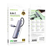 Хаб USB Borofone DH15 6-в-1 Type-C to HDMI+PD+USB3.0+USB2.0+SD+TF(L=0.15M) М'ята упаковка