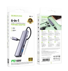 Хаб USB Borofone DH15 6-в-1 Type-C to HDMI+PD+USB3.0+USB2.0+SD+TF(L=0.15M) М'ята упаковка