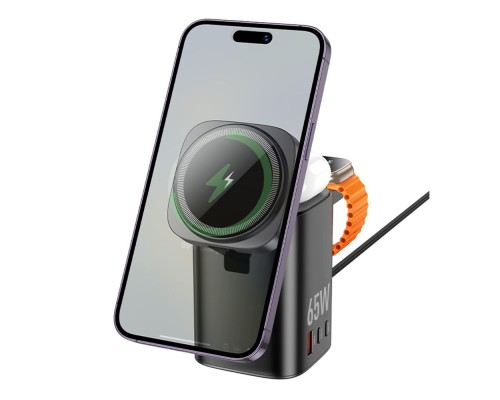 Бездротовий Зарядний Пристрій Hoco CQ20A EU 6-in-1 15W+1USB/2USB-C 65W Magnetic (iWatch)
