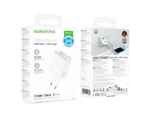Мережевий Зарядний Пристрій Borofone BA89A 1USB-C/1USB PD/QC 30W+Type-C to Lightning