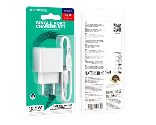 Мережевий Зарядний Пристрій Borofone BAS11A 1USB 2.1A+USB to Lightning