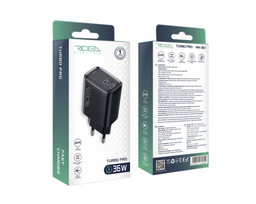 Мережевий Зарядний Пристрій Ridea RW-36120 Turbo Pro 2USB-C QC/PD 36W