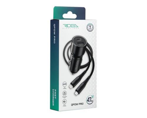 Автомобільний Зарядний Пристрій Ridea RCC-47115 QPow Pro 1USB/1USB-C PD/QC 47.5W+Type-C to Lightning