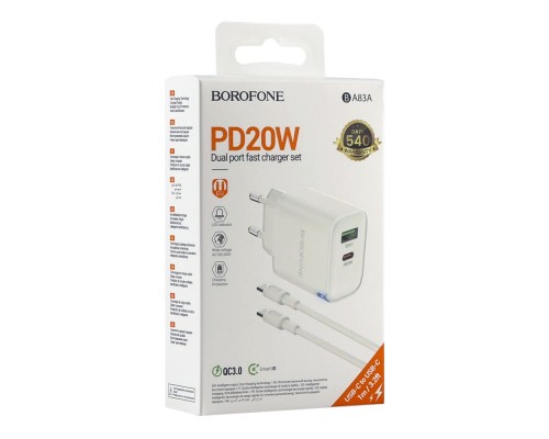 Мережевий Зарядний Пристрій Borofone BA83A 1USB-C/1USB PD/QC 20W+Type-C to Type-C