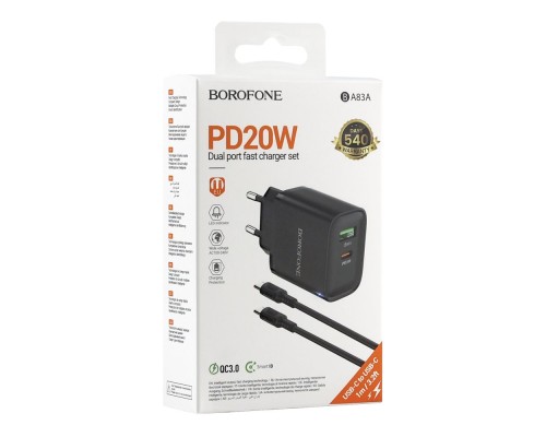 Мережевий Зарядний Пристрій Borofone BA83A 1USB-C/1USB PD/QC 20W+Type-C to Type-C
