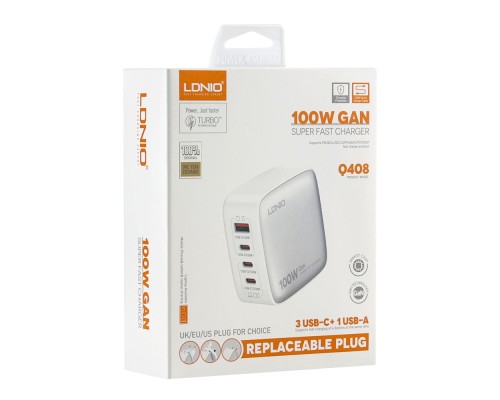 Мережевий Зарядний Пристрій LDNIO Q408 100W3USB-C/1USB+Type-C to Type-C