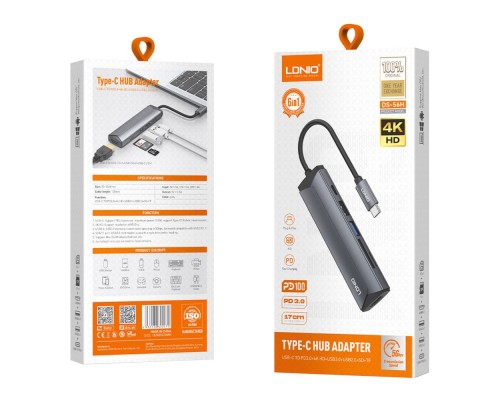 USB Hub LDNIO DS-56H Type-C To PD3.0*1(100W)+HDMI*1(4K@30hz)+USB2.0*1+SD+TF USB Hub LDNIO DS-56H Type-C To PD3.0*1(100W)+HDMI*1(4K@30hz)+USB2.0*1+SD+TF