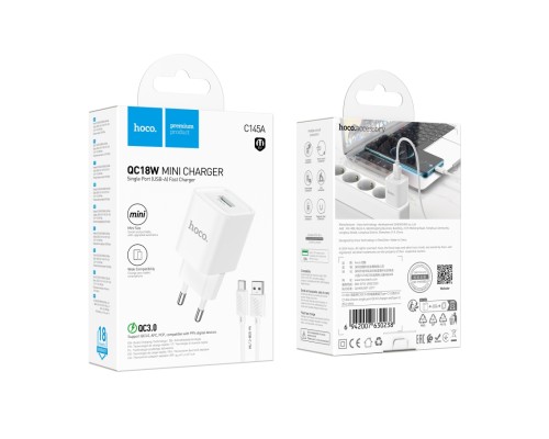 Мережевий Зарядний Пристрій Hoco C145A 1USB QC 18W+USB to Type-C М'ята упаковка