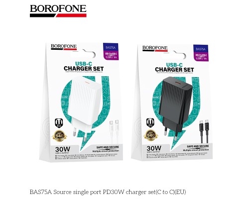 Мережевий Зарядний Пристрій Borofone BAS75A 1USB-C PD/QC 30W+Type-C to Type-C