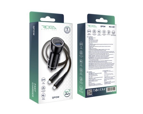 Автомобільний Зарядний Пристрій Ridea RCC-30114 QPow 1USB/1USB-C PD/QC 30W+Type-C to Type-C