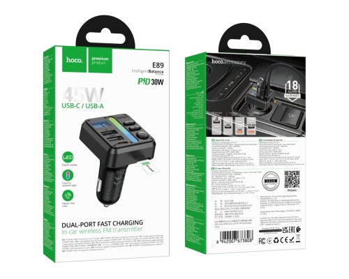 FM-трансмітер Hoco E89 USB-C PD30W+USB 15W/TF/BT5.4 Total 45W