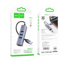 Хаб USB Hoco HB34 Easy link Gigabit Ethernet adapter(USB to USB3.0*3+RJ45) 