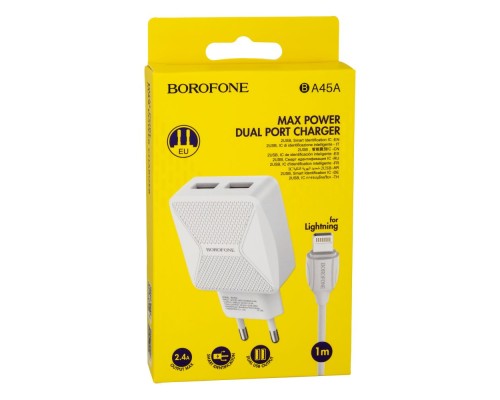 Мережевий Зарядний Пристрій Borofone BA45A Lightning 2,4A Мережевий Зарядний Пристрій Borofone BA45A Lightning 2,4A