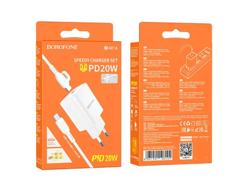 Мережевий Зарядний Пристрій Borofone BA81A 1USB-C PD/QC 20W+Type-C to Type-C Мережевий Зарядний Пристрій Borofone BA81A 1USB-C PD/QC 20W+Type-C to Type-C