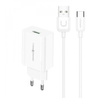 Мережевий зарядний пристрій Usams T48 Travel Charger Kit 18W (T22 Single USB QC3.0 Charger EU+Uturn Type-C Cable 1M) White (T48OCLN01)