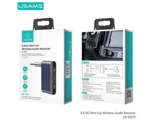 Bluetooth ресивер Usams US-SJ519 3.5DC Mini Car Wireless Audio Receiver BT5.0 Grey (SJ519JSQ01) 