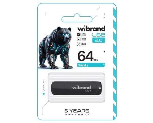 USB флеш накопичувач Wibrand 64GB Grizzly Black USB 2.0 (WI2.0/GR64P3B) 