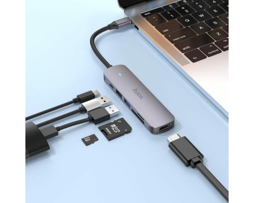 USB-хаб HOCO HB28 Type-C multi-function converter(HDTV+USB3.0+USB2.0+SD+TF+PD) Metal Gray (6931474769336) 